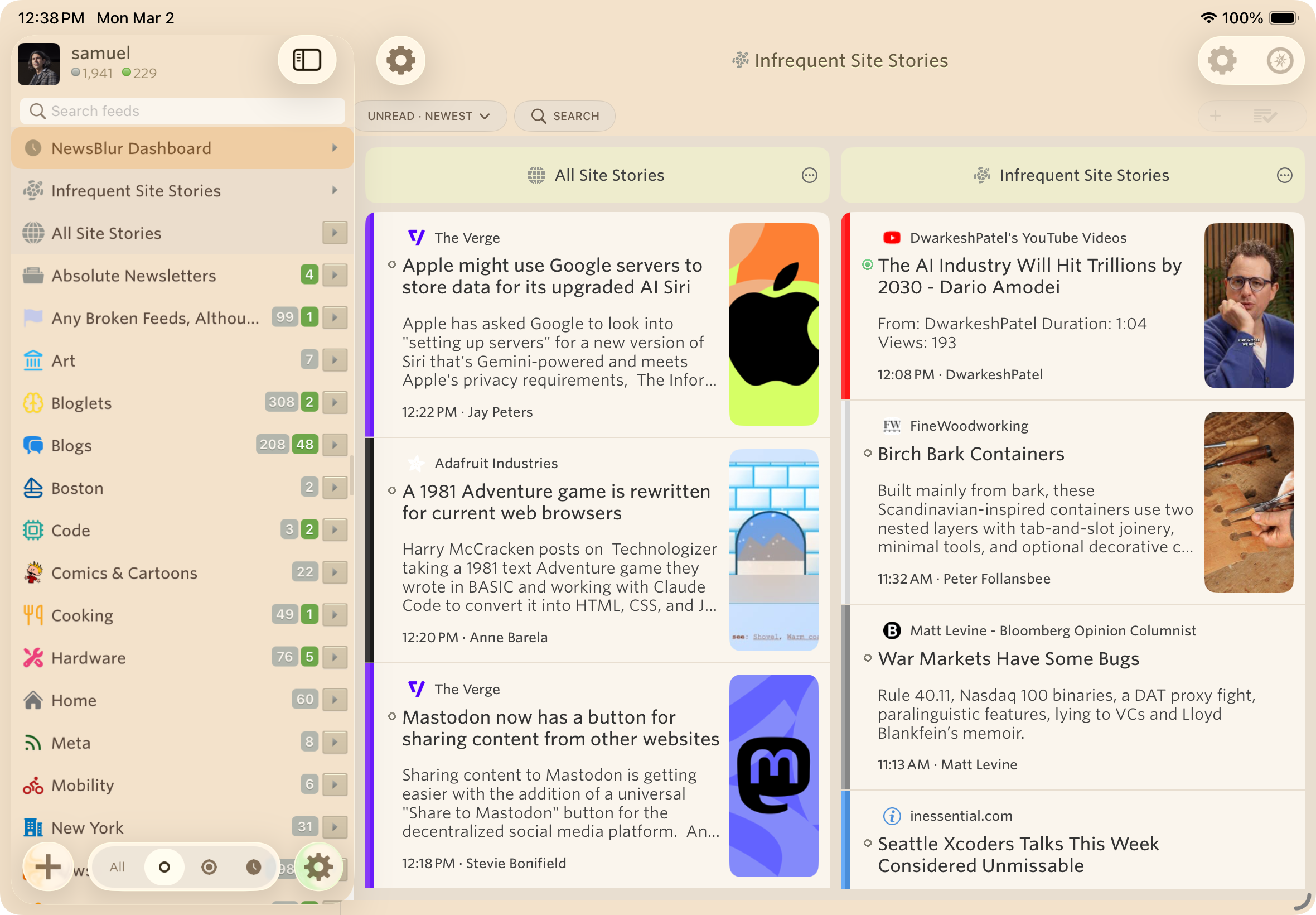 NewsBlur iOS app on iPad showing the dashboard